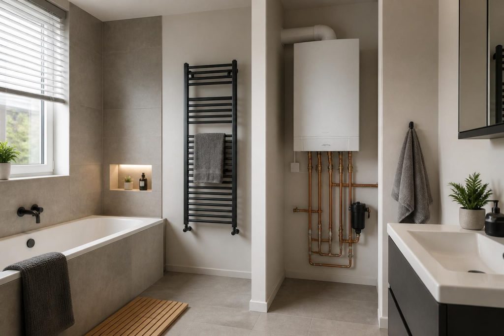 Modern bathroom with polished boiler and heating fixtures in natural light.