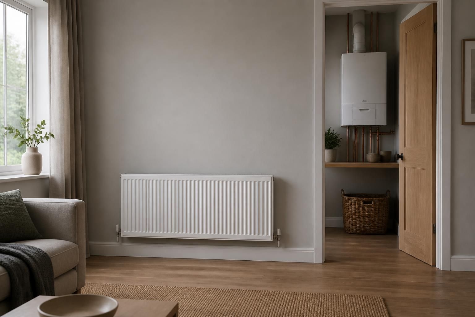 Finished home heating space with radiator and open negative space.